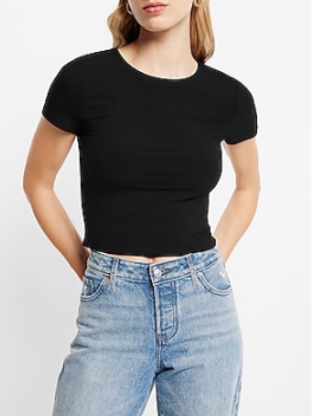 NWT Express Essential Fitted Ribbed Crew Neck Short Sleeve Baby Tee. XS. Black